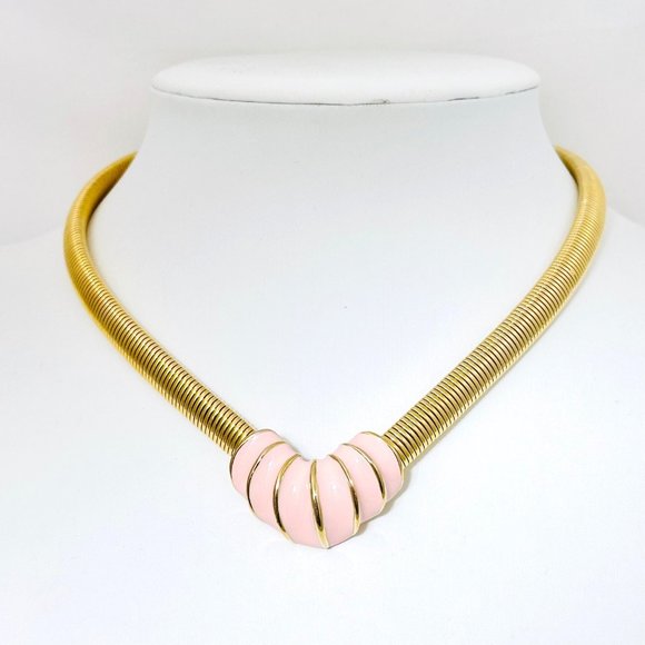 Vintage '80s Pink Enamel and Goldtone Necklace - Picture 1 of 6